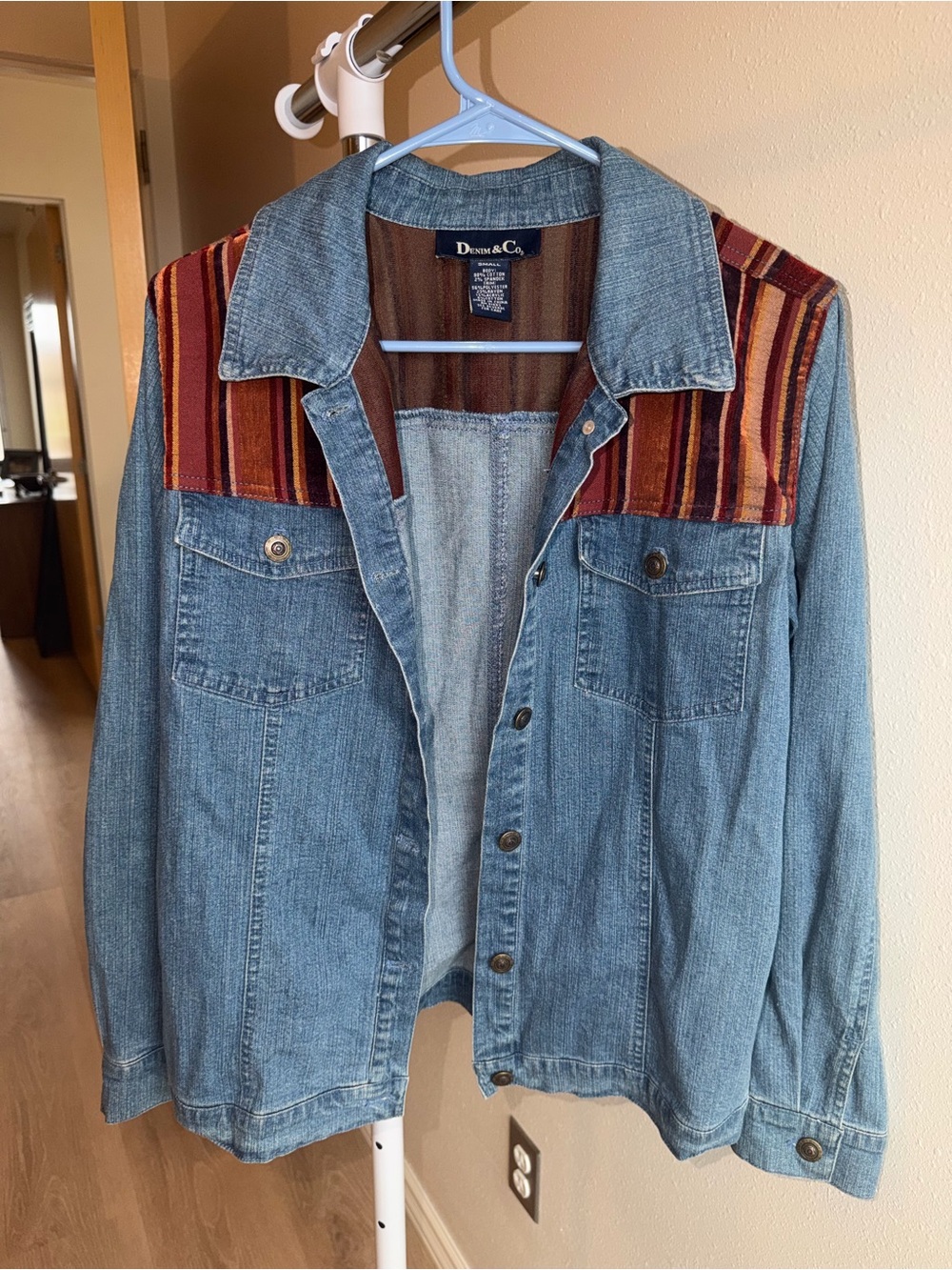 Denim&Co Light Blue Denim Jacket with Brown & Red Striped Yoke